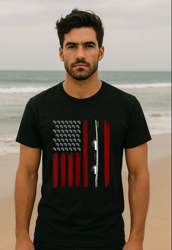 American Flag Kiteboard T-Shirt – Men’s Graphic Tee (Black or Navy, XS–XXL)