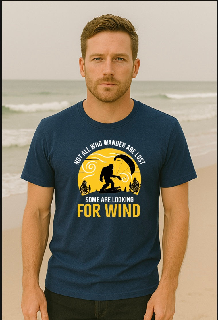 Not All Who Wander Are Lost – Bigfoot Kitesurfing Tee (XS–XXL, Multiple Colors)