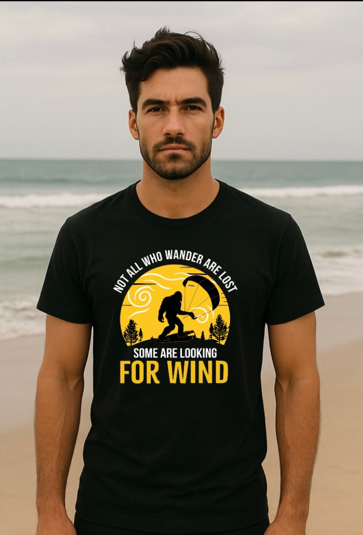 Not All Who Wander Are Lost – Bigfoot Kitesurfing Tee (XS–XXL, Multiple Colors)