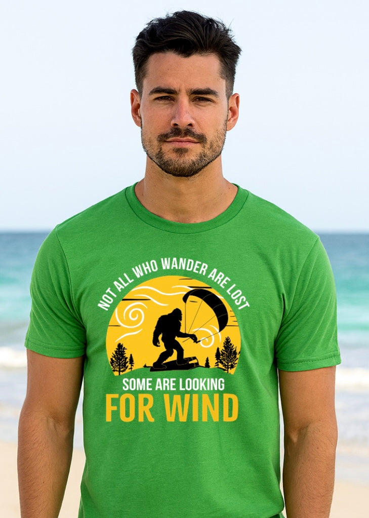 Not All Who Wander Are Lost – Bigfoot Kitesurfing Tee (XS–XXL, Multiple Colors)
