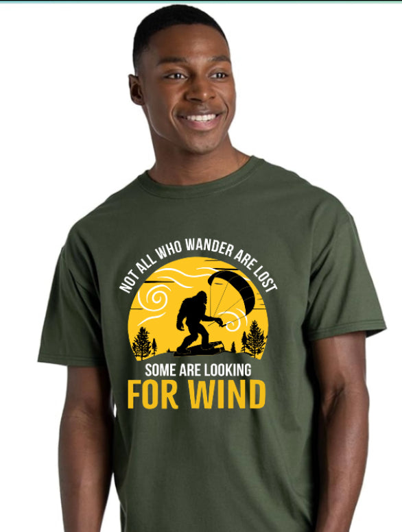 Not All Who Wander Are Lost – Bigfoot Kitesurfing Tee (XS–XXL, Multiple Colors)