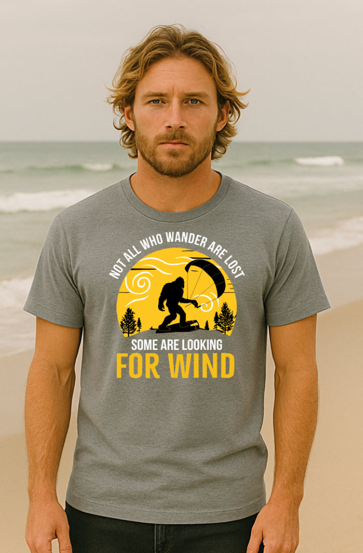 Not All Who Wander Are Lost – Bigfoot Kitesurfing Tee (XS–XXL, Multiple Colors)
