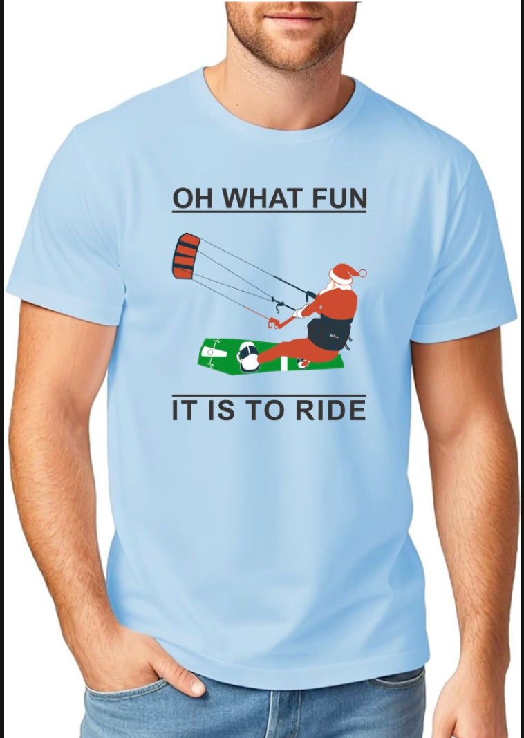 Santa Kitesurfing Tee – “Oh What Fun It Is to Ride” Christmas Shirt (XS–XXL)