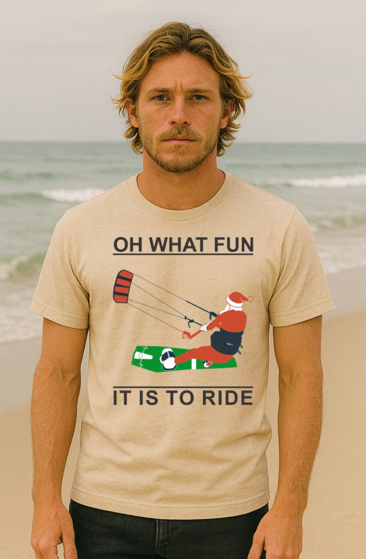 Santa Kitesurfing Tee – “Oh What Fun It Is to Ride” Christmas Shirt (XS–XXL)