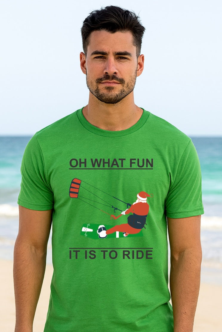Santa Kitesurfing Tee – “Oh What Fun It Is to Ride” Christmas Shirt (XS–XXL)