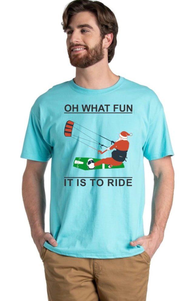 Santa Kitesurfing Tee – “Oh What Fun It Is to Ride” Christmas Shirt (XS–XXL)