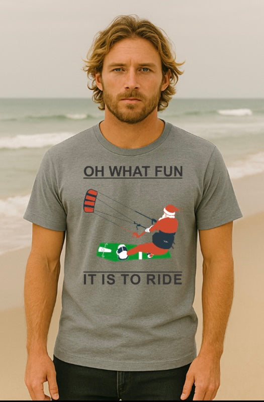 Santa Kitesurfing Tee – “Oh What Fun It Is to Ride” Christmas Shirt (XS–XXL)